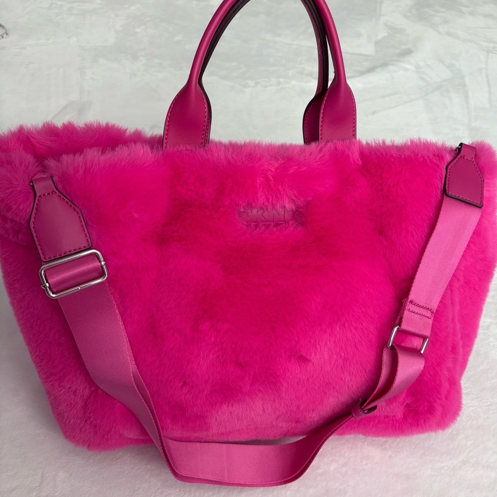 DKNY Hadlee Hot Pink Faux Fur Medium Tote Bag--NEW